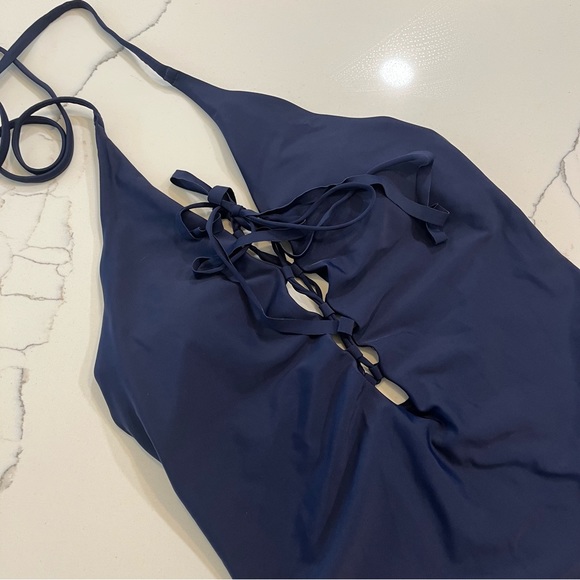 AERIE one piece navy blue swimsuit women’s large lace front low back high waist - Picture 2 of 10